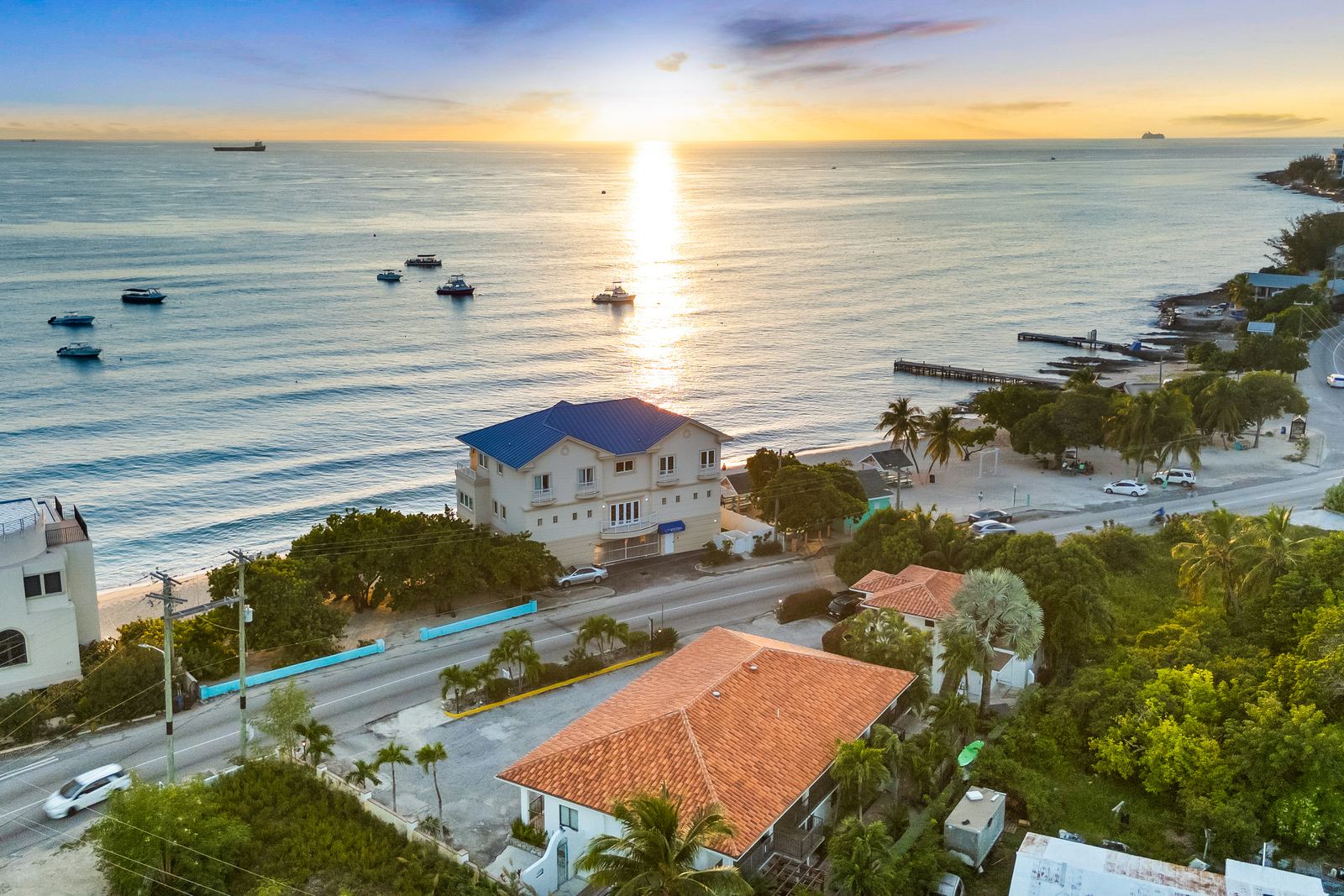 Calypso Cove at sunset, from the air — Calypso Cove 6, Palm Bay Getaways, Grand Cayman